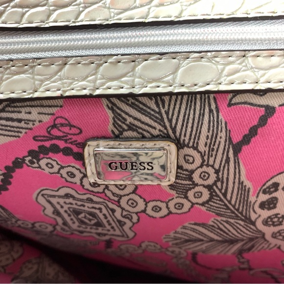 Guess Handbag Purse Tote Croc Embossed Patent Leather Pink Gray - READ - Picture 6 of 16